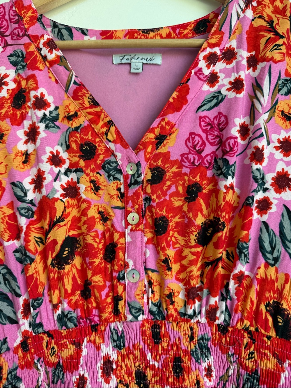 Pink Floral Midi Dress with Puff Sleeves - Picture 3 of 5